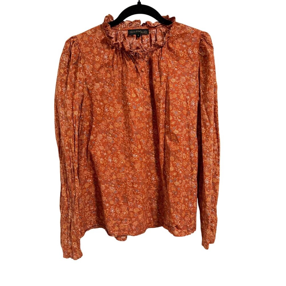 House of Harlow 1960 Floral Wallis‎ Rust Ruffle Blouse Size L